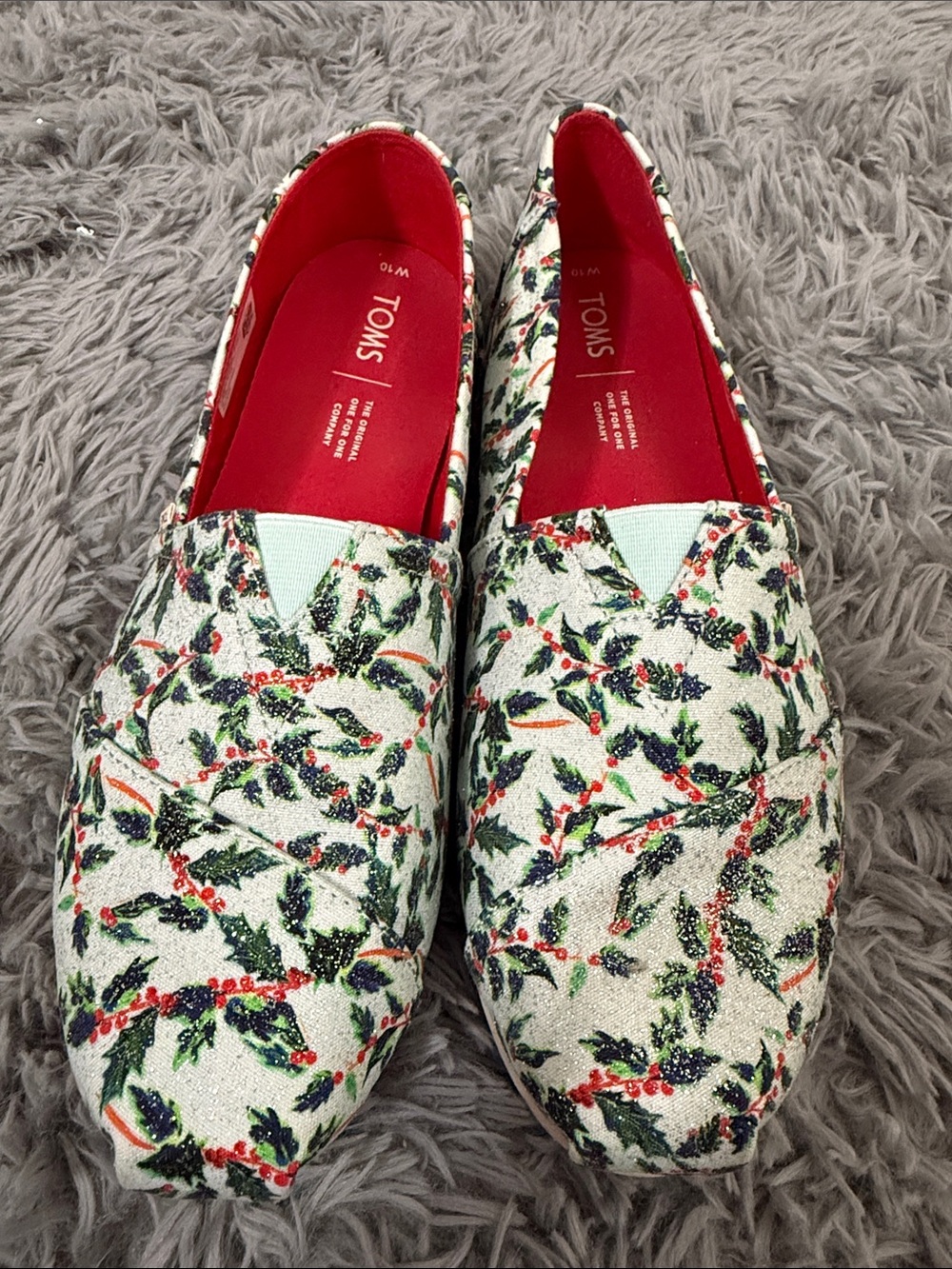 Toms Women's White Slip-On Flats with Red and Green Floral Glitter